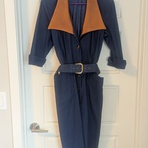 Denim Dress with Brown Leather Collar